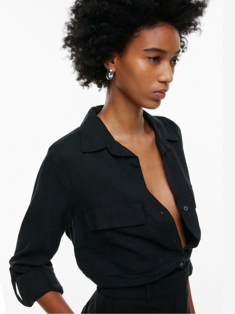 NWT Aritzia Babaton Women's Black Button-Front Utility Shirt 100% Linen - Small